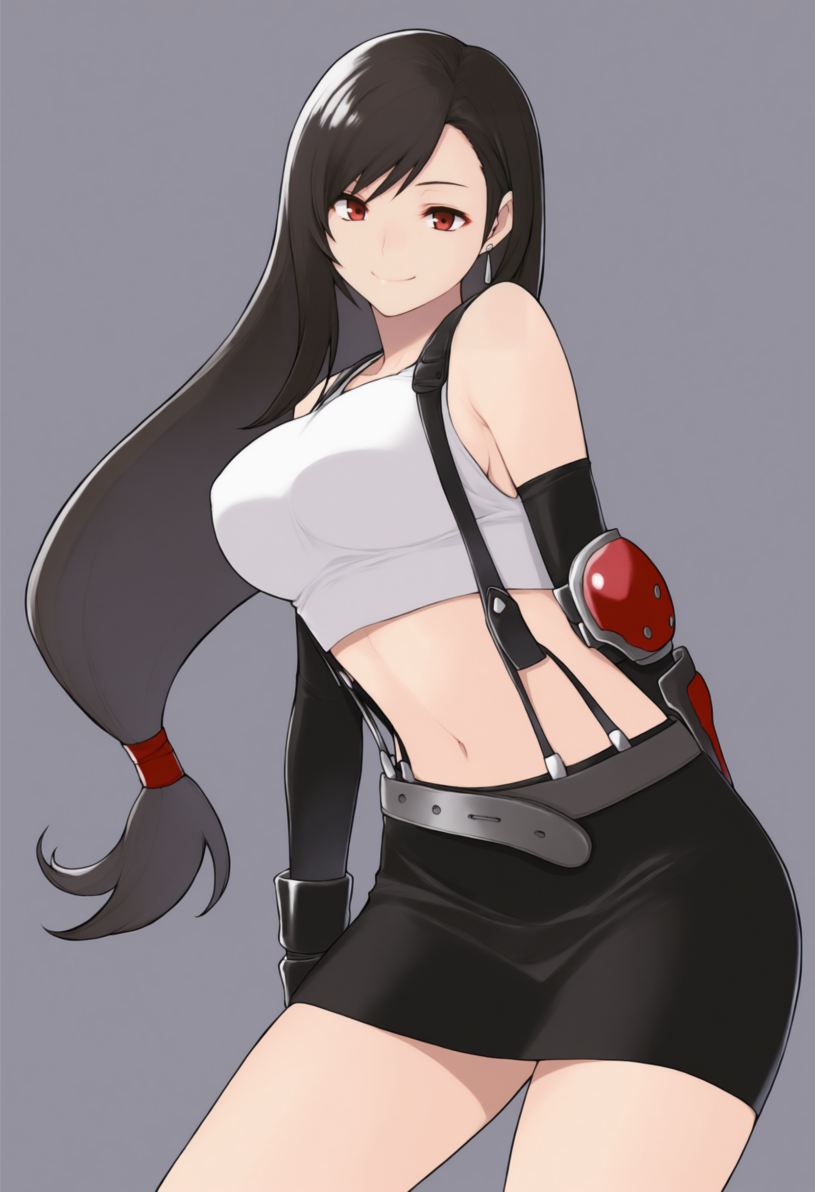 masterpiece, best quality, solo, 1girl, smile, looking at viewer,  <lora:Yasuda-Suzuhito-illus_Fp:1>, simple background, tifa lockhart, black skirt,