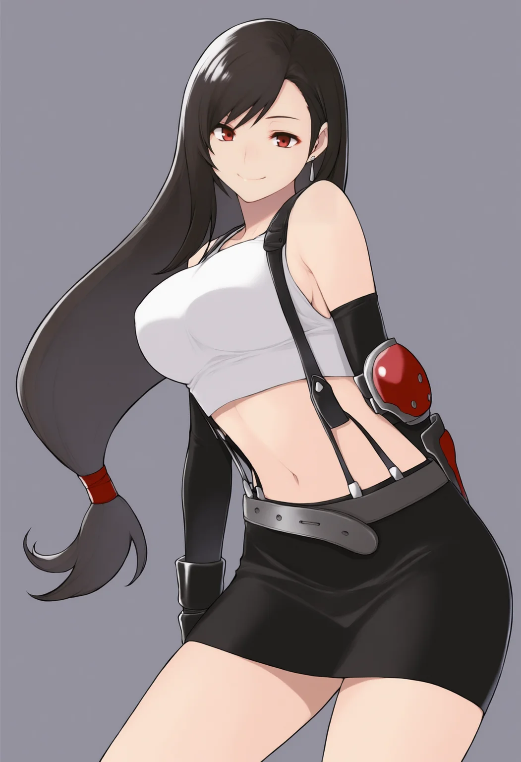 masterpiece, best quality, solo, 1girl, smile, looking at viewer, <lora:Yasuda-Suzuhito-illus_Fp:1>, simple background, tifa lockhart, black skirt,