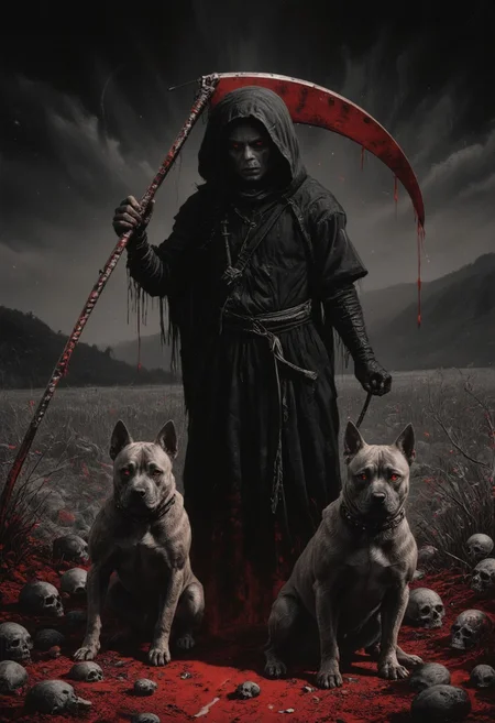 A fierce Grim Reaper holding a scythe with its blade over his head, wearing a black cloak, with terrifying looking red eyed pit bulls with spikey collars, standing in front of an eerie landscape filled with skulls, in the style of heavy metal music album art, high resolution, hyper-realistic, poster art, dark background, in the style of Dan Mumford