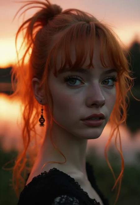 raw photography, breathtaking analog photo of young emo woman with goth makeup, candid closeup portrait shot from three quarter angle, dramatic eyes makeup with long lashes, detailed green eyes looking into the distance, expressive lips, unique gorgeous face with latvian and greek features, wild ginger hair, high ponytail with bangs reflecting the sunset's red and pink hues, dreamy expression with a smile, wearing a lace-trimmed top and a witchy earrings, skinny, ethereal beauty, outdoor scene with forest and lake in the background highlighted by the setting sun, romantic atmosphere of a summer night, photoreal, highly detailed, natural skin details, 50mm film, film grain