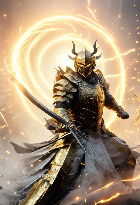 1man, armored samurai in golden samurai armor, wearing samurai helmet and armor, golden fire, wielding dual swords:1.2, brave perspective, reflection, glowing golden fire, golden lightning shatter, , glowing sword, motion blur, emphasis line, outdoor in the darkness, looking at viewer, katanas