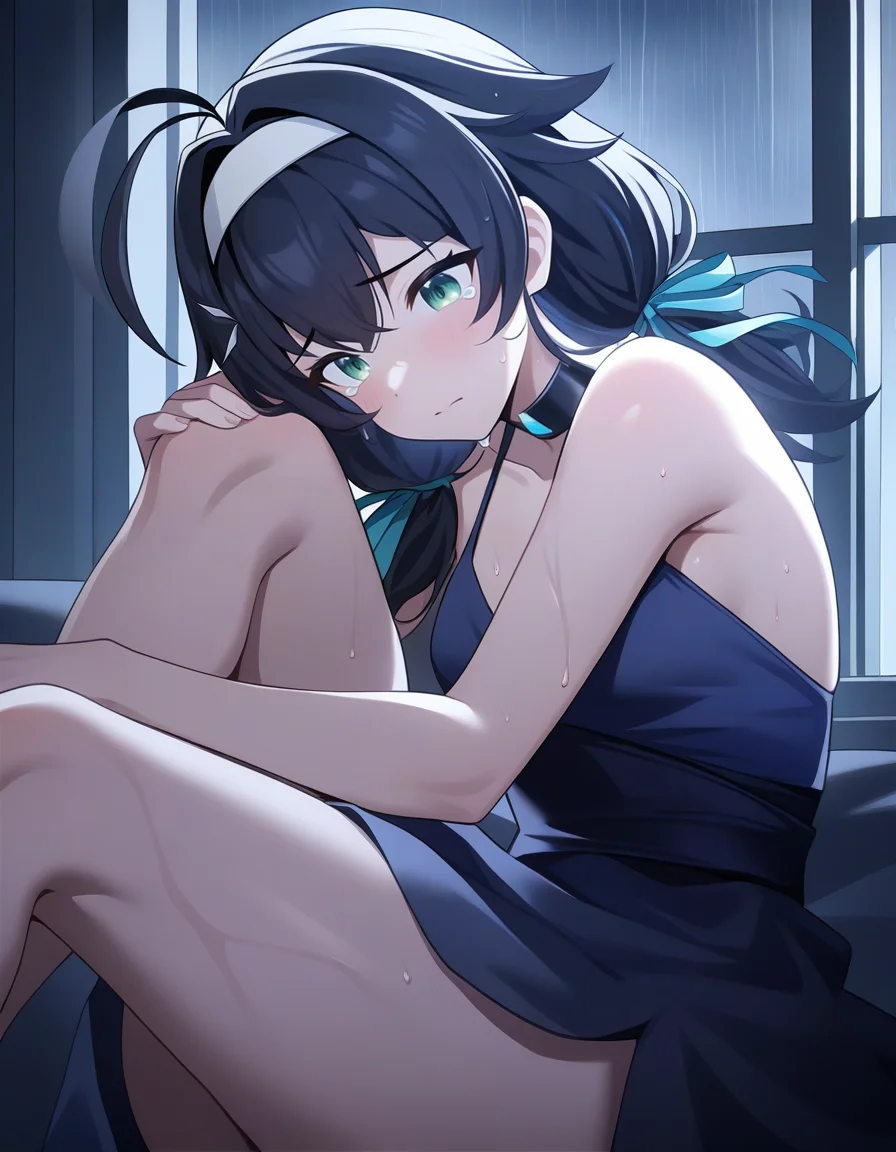 thighs,small breasts,windows,rain,wet,sad,tears,(evening gown:1.2),knees to chest,from side,indoors,
<lora:faniya_noob2:0.8>,faniya,1girl,solo,2dfaniya,green eyes,black hair,hairband,twintails,ribbon,hair ribbon,bangs,antenna hair,ahoge,collarbone,low twintails,long hair,knee_up,hand_on_own_knee,
masterpiece,best quality,very aesthetic,absurdres,