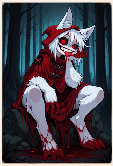 1 girl , solo ,red hooded cloak , red eye , black sclera , glowing pupils , sharp teeth , wide grin , wolf ears , dynamic angel , claws , arm fur , forest , messy hair , crazy eye , white hair , white fur , licking hand , blood stained fur , blood stain on face , sitting ,
masterpiece, best quality ,amazing quality , XUER guangying , WB-Illu , Rapscallionstyle, realism , surreal , drawing ,