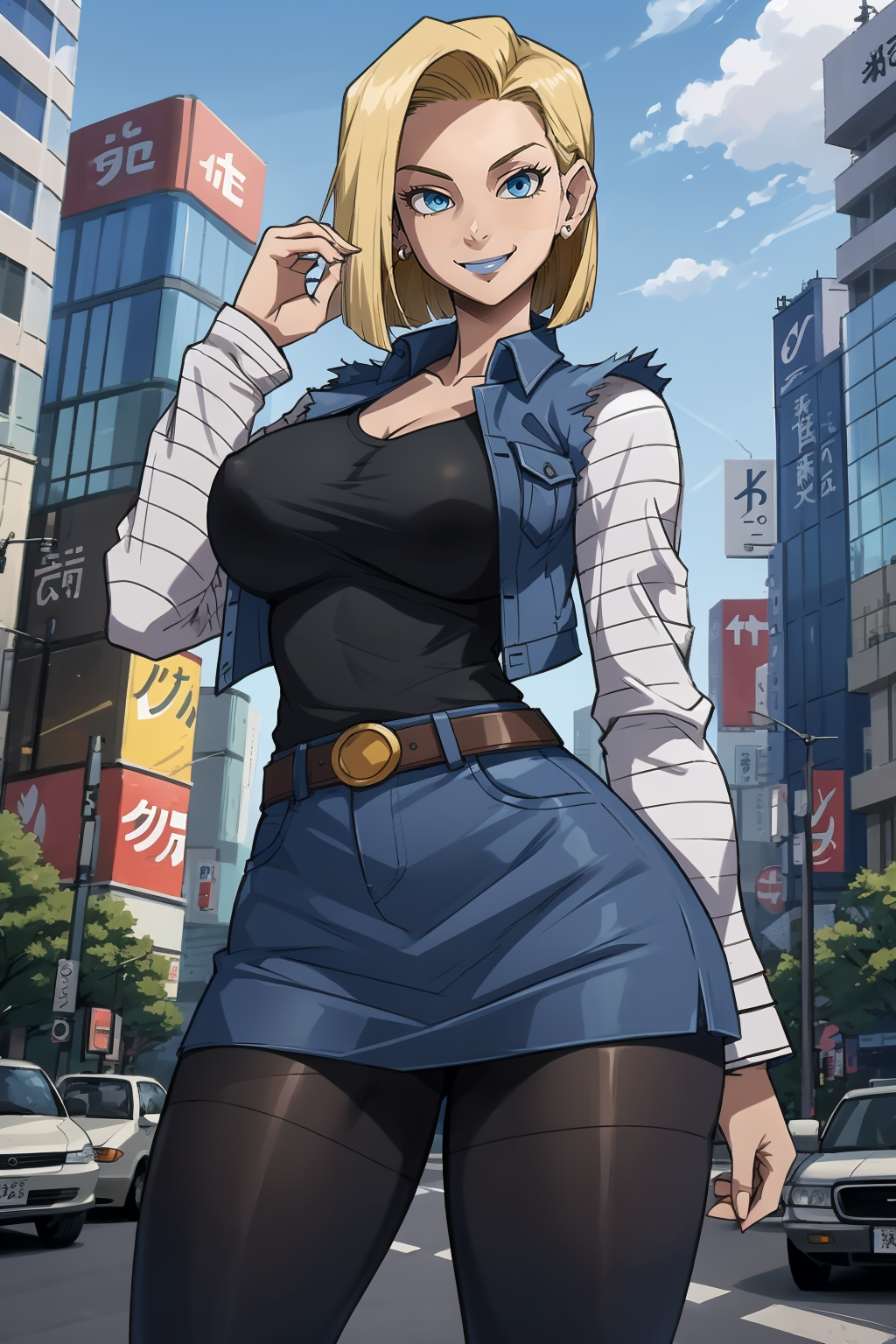 1girl, (solo:1.2), curvy, (masterpiece:1.2), (best quality:1.2), (perfect anatomy:1.4), (standing:1.4), (confident:1.2), smile, (large breasts:1.4), (cowboy shot:1.2),, <lora:DB - Android 18 [h_madoka - v1.0]:0.55> and18, 1girl, android 18, solo, blonde hair, blue eyes, short hair, earrings, jewelry, denim vest, open vest, black pantyhose, black shirt, denim skirt, striped long sleeves, blue skirt, large breasts, (city center:1.3), (tokyo:1.2), highrise buildings, daylight, on the street, cars,, <lora:Sinensian [MockAi - v1.0]:0.8> sinensian, (soft shading:1.2)