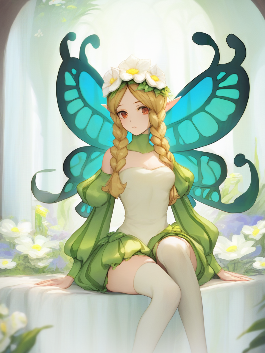 score_9, score_8_up, score_7_up, best quality, masterpiece, 4k, uncensored, perfect lighting, rating_explicit, very aesthetic, anime BREAK
1girl (mercedes), fairy wings,
 hair, hair wig, hair in a ponytail, lo-fi, thigh highs with a yellow ribbon, She is a beautiful dress and a swan, a pair of colored veil, a dress with a transparent veil on the edges of the edges of the end of <lora:mercedes-PD-1.0:1>
