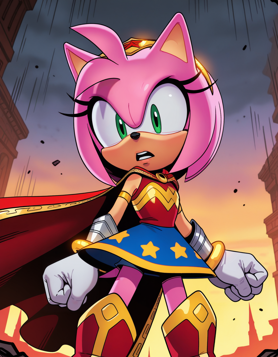 1girl, solo, no humans, petite, official art,
<lora:WonderAmy_v1:1> wonderamy, alternate costume, amy rose, gold trim, red cape, white gloves, bracer, gold hairband, blue skirt, sleeveless, breastplate, armored boots, star \(symbol\), star print, bare shoulders, armlet, miniskirt, gold brooch, brooch, red shirt, gold bracelet, tail through clothes,
(medium shot), experiencing hallucinations, detailed face, located in a ruined world at a decayed swamp during dusk with foggy weather, illuminated by eerie glow, creating a hopeful,grim atmosphere, extremely detailed, highres, masterpiece, best quality