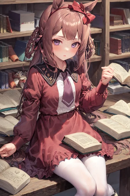 masterpiece, best quality,
sweep tosho \(umamusume\),
sitting, on chair, looking books,
casual, hair bow, headband, collarbone, puffy long sleeves, juliet sleeves, purple necktie, short necktie, collared dress, red dress, white pantyhose, black footwear, mary janes,
<lora:sweep_tosho_locon_0.99:0.8>