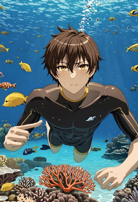Highres, Masterpiece, High Quality, 4K, 8K, solo, 1Boy, Seiya Kanie, short dark brown hair, golden eyes, sea water, clear, calm, coral reefs, fish, marine life, diving, snorkeling, without snorkel equipment, wet, easynegative, detailed_eye_model