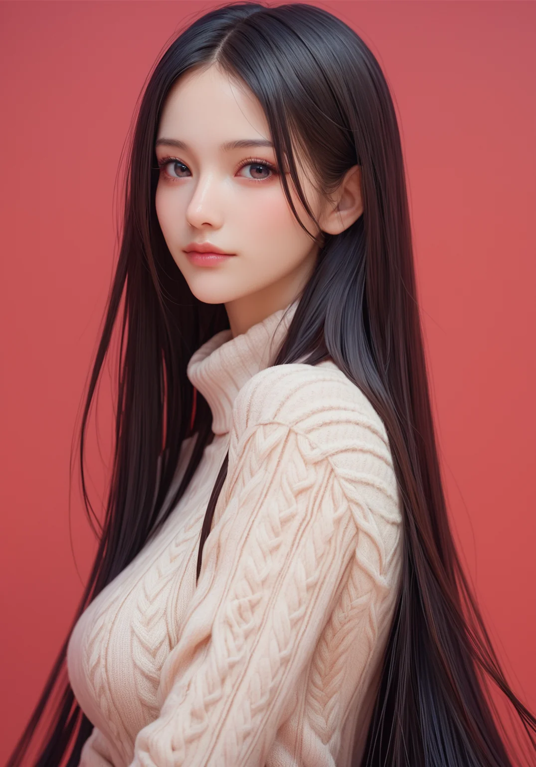,score_9,score_8_up,score_7_up, 20 years old, 8k, hd, beautiful girl, black hair, very long hair, straight hair, closed mouth,
1girl, detailed face, beautiful woman's face, sweater, red background, looking at viewer,