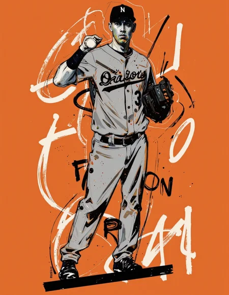 By Martin French. A stylized illustration of a baseball player in a dynamic pose, captured from a front camera angle. the image features a black and white baseball player standing in the middle of the frame, wearing a gray uniform with black accents and a cap, with a serious expression on their face. the player is positioned in a way that creates a sense of movement and energy, with their left leg extended and their right leg bent, as if they are about to throw a ball. the background is a solid orange color with abstract shapes and lines, giving the image a dynamic and energetic feel. the artist's signature is visible in the bottom right corner, adding a touch of professionalism to the overall design. the overall style is reminiscent of urban art, with bold lines and abstract shapes creating a visually striking composition. <lora:Martin_French:0.85>