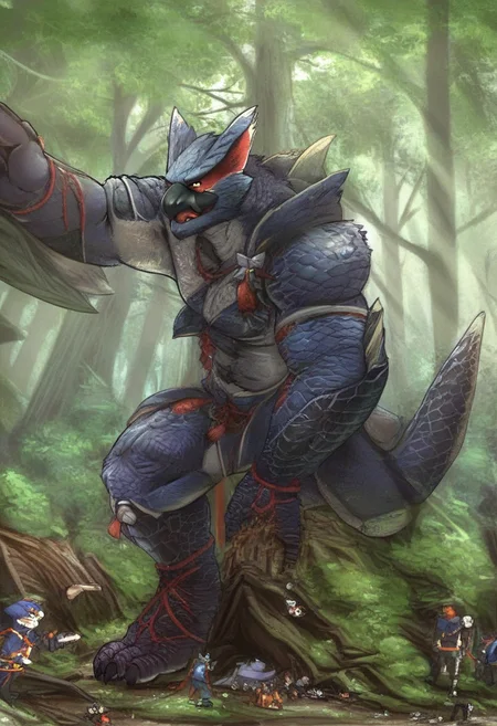 Scribble Nargacuga face,furry(Nargacuga),pummelig, big muscular, big strong large giant muscle,( black eyebrows :1.1),(perfect eyes),scale, alone, Wears Monster Hunter clothes/armor, friendly and Helpful,(artist:takemoto arashi),(jock:1.3), standing, Shoes,( Black beard :1.3),(Monster Hunter clothes:1.4, pants, shoes, shirt) Nargacuga (Massiv:3.0, Giant, macro, (heavyweight,strong,Macro, Emphasize, stands next to buildings,)),background((Monster Hunter village, village, forest, building, House, trees, bushes, logs, stump, rivulet, the crack in the road)),