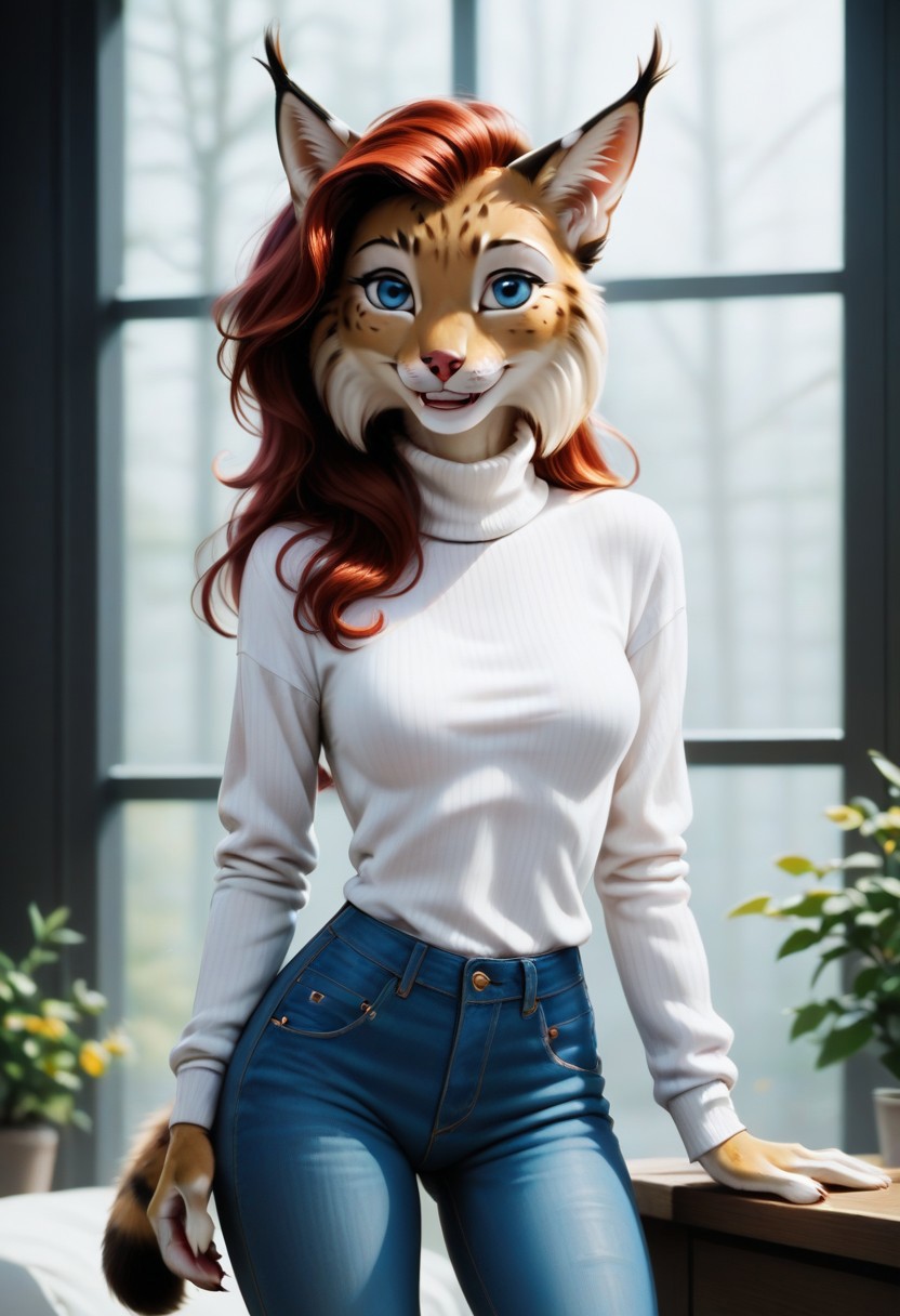 digital_media_(artwork) hi_res, score_9, score_8_up, score_7_up, score_6_up, source_furry, rating_safe, anthro, furry, female, furry female, detailed textured fur, fur tufts, lynx, red hair, blonde brown fur, spots, beautiful blue eyes, medium breasts, covered breasts, slim, slender, turtleneck sweater, denim jeans, smile, SFW,