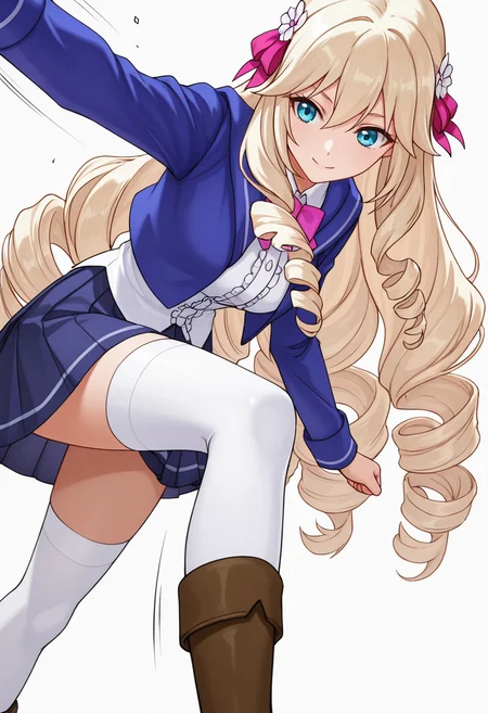 Smooth Quality,masterpiece,very intricate, high quality details, ultra realistic, high detailed skin,detailed enviorement,absurdres,
 <lora:Ariane_Algren_CNR:0.8> ariane_cnr, very long hair, drill hair,blonde hair, blue eyes, hair between eyes, sidelocks,hair bow,hair ribbon,hair flower,white thighhighs,pleated skirt,blue jacket, cropped jacket,white shirt, collared shirt,long sleeves, zettai ryouiki, school uniform, boots, frills,pink bowtie,, simple background, white background, from below,
walking motion, mid-stride, one arm swinging forward, dynamic limb positioning  ,, ^o^,