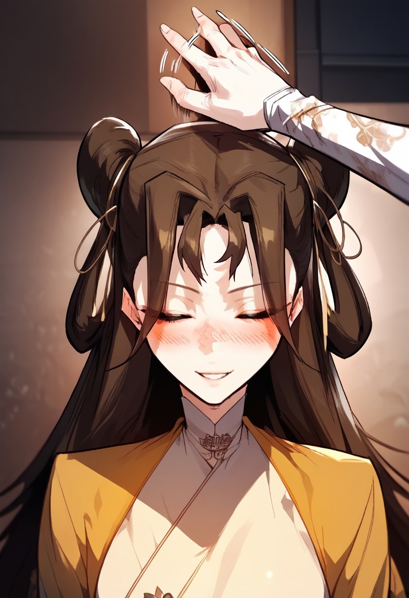 zPDXL2, score_9_up, score_8_up, score_7_up, (Anime_source), high detail face, best quality, absurd res, 1girl, YuiRan, gray eyes, brown hair, long hair, twin buns, Yui clothes, cowboy shot, looking at viewer, closed eyes, smile, little blush, headpat, pov hands