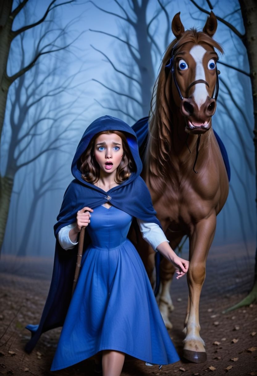 Raw photo, Belle, walking in dark forest leaning on her horse, hooded in blue cape, frightened