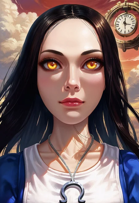 SCORE_9, SOURCE_realism, SOLO, 1GIRL, PORTRAIT, CLOSE UP, FRONT VIEW, ALICE LIDDELL, BLACK HAIR, yellow glowing clOck eYES, DRESS, APRON, NECKLACE, RED SKY, CLOUDS,