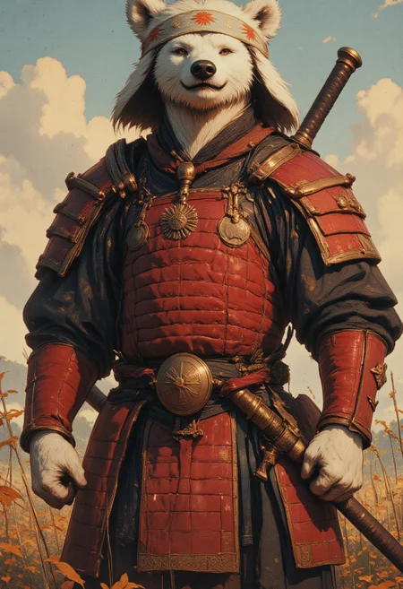 A humanoid (white bear) wearing red samurai armor. He is wearing a white headband with the Japanese rising sun on it. Holding a katana He is in a field. Full body Cinematic lighting, volumetric lighting, dramatic lights, Cinematic, beautiful, vibrant, masterpiece, 32k, ultra HD, ultra-detailed, amazing quality, amazing artist, sharp edges, detailed textures, full view, atmospheric lighting, amazing visuals