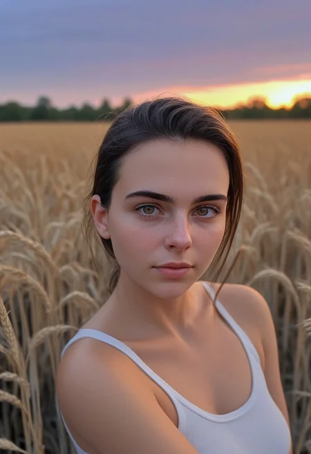 30yo american woman in a wheat field
Small eyes. Brown eyes.
Wearing white tank top. no makeup. Clear skin.  realistic skin style
Long dark black slick back hair. No makeup. Dusk, Street light. Looking at camera POV. Slight smile, tilting head.. Tilt head. Hands in head, face, lips.
Medium Close Up shot. Bokeh. Heavy Bokeh light. Dawn. yellow, red, purple orange. sky.