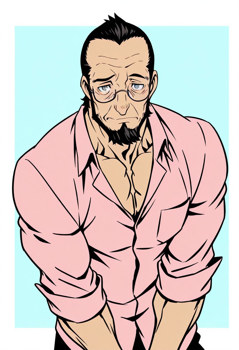 (Smooth Quality:1.3), male focus, western, detailed face, detailed body, detailed background, perfect anatomy, masterpiece, absurdres, interesting, fascinating, intriguing, high quality, best quality, 1boy, male focus, (solo), 1boy, (bara:1.2), (sojisaku:1.5), dark hair, masculine, muscular, broad shoulders tapering to narrow waist, preppy clothing, pectoral cleavage, thick muscle mass, 1boy, male focus, solo, grey eyes, glasses, black hair, forehead, hair pulled back, facial hair, beard, shirt, pink shirt, collared shirt, sleeves rolled up, charismatic, shy, seductive, dynamic pose, dynamic angle, flat colors, low contrast, well-lit <lora:Njay_Illustrious:1> . cute, adorable, brightly colored, cheerful, anime influence, highly detailed