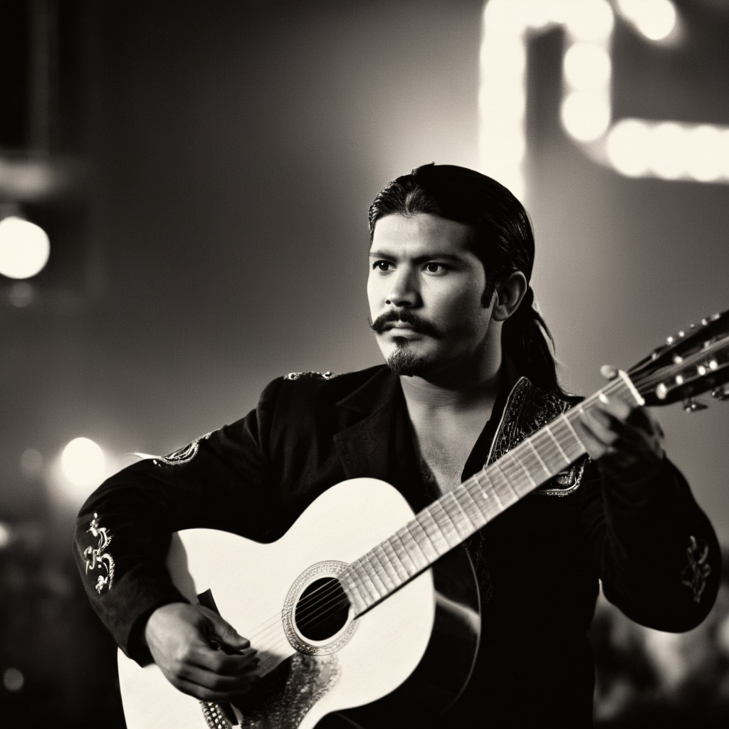 cinematic film still of  <lora:perfection style:0.5> <lora:detailed:0.5> perfection detailed
 <lora:Rodriguez's Mexico Trilogy film style:1>
In the United Mexican States Antonio  "El Mariachi" a ponytail  man with a black guitar on stage in front of a large screen,solo,black hair,1boy,weapon,male focus,facial hair,instrument,beard,guitar , cinematic, film, kodak, Rodriguez's Mexico Trilogy film style, shallow depth of field, vignette, highly detailed, high budget, bokeh, cinemascope, moody, epic, gorgeous, film grain, grainy