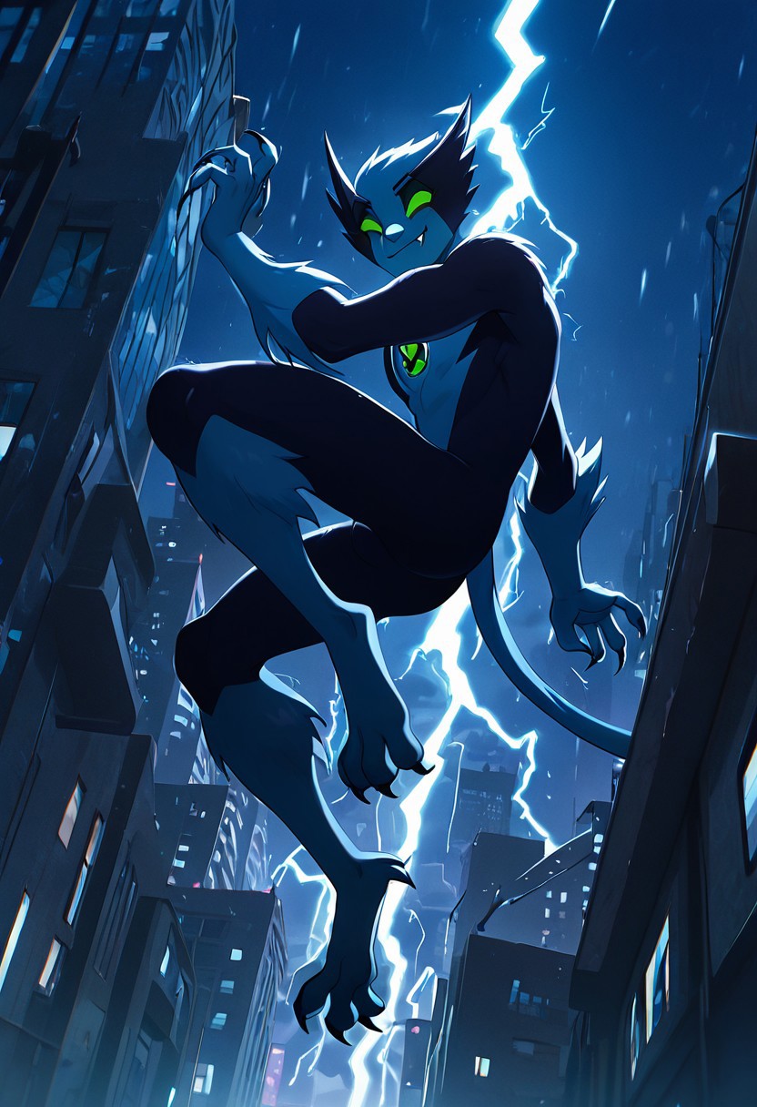 masterpiece, best quality, amazing quality, very aesthetic, absurdres, newest,, detailed background, 
fastrack, solo, blue skin, green eyes,  claws, green badge, fang,, feline tail,  wide jaw, masculine, blue chest, digitigrade legs,
jumping from building, smile, falling, thunder, lightning, night city, city view, from bottom, close up shot,