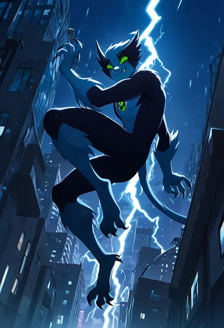 masterpiece, best quality, amazing quality, very aesthetic, absurdres, newest,, detailed background, 
fastrack, solo, blue skin, green eyes,  claws, green badge, fang,, feline tail,  wide jaw, masculine, blue chest, digitigrade legs,
jumping from building, smile, falling, thunder, lightning, night city, city view, from bottom, close up shot,
