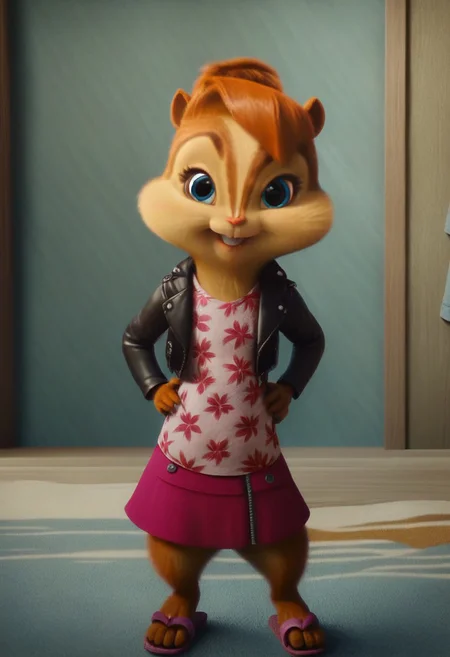 score_9, score_8_up, score_7, score_6, detailed background, indoors , lounge, windows, painted walls, brittany miller, chipmunk, furry, short ears, white floral shirt, black leather jacket, floral mini skirt, sandals, standing, hands on hips, looking at viewer, front view, cute smile, 6 inches tall