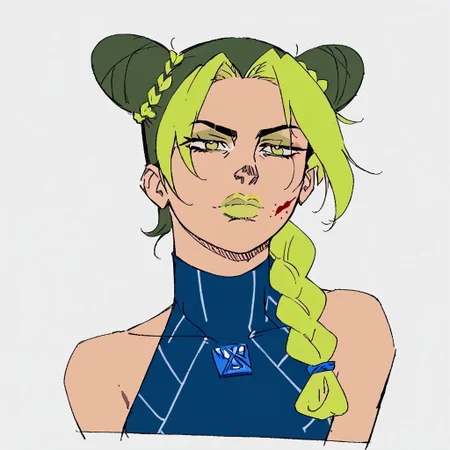 score_7,  score_6_up,
kuujou_jolyne, rating:safe, braid, 1girl, green_hair, blood_on_face, double_bun, lipstick, solo, multicolored_hair, green_eyes, single_braid, two-tone_hair, upper_body, bare_shoulders, (upper body:1.1), colored sketch, zPDXL2, (bust:1.2), closed mouth, looking at the viewer, perfect eyes