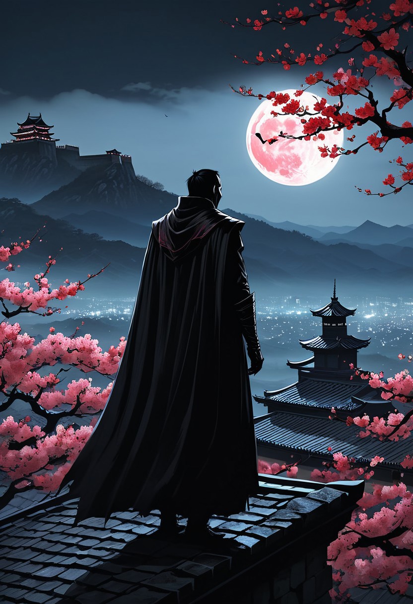 concept art, wide angle shot, A stealthy black vampire lord, in the cloak of shadows, (((descending on roof))), cherry blossom tree, in an ancient fortress, weathered stone walls, mount fugi in distant horizon, at night, fog, full red moon. high quality, highres:1.1, aesthetic), detailed, extremely detailed, 4K, detailed background