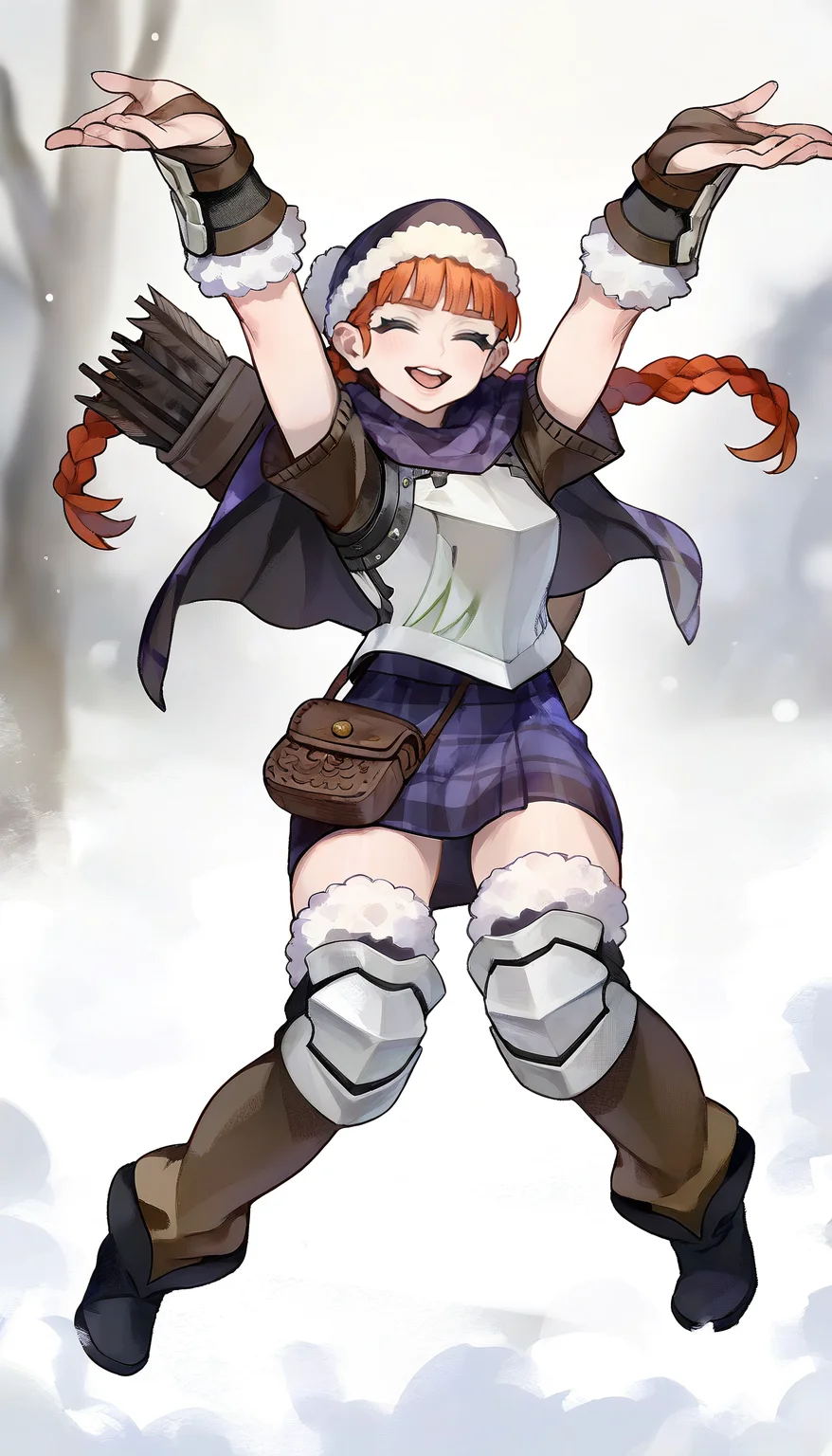 masterpiece,best quality,amazing quality,
<lora:yunifiiNAI:1>,yunifi,
1girl,solo,orange hair,purple fur hat,bangs,twin braids,green eyes,purple plaid cape,brown sweater undershirt,breastplate,purple plaid skirt,brown pouch,vambraces,knee armor,legwear with fur,black boots,quiver on back,
full body,closed eyes,open smile,jumping,in air,(arms up:1.2),legs apart,
outdoors,snow,fog,
blurry background,depth of field,soft lighting,light particles,