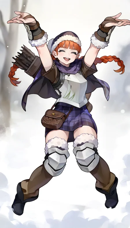 masterpiece,best quality,amazing quality,
<lora:yunifiiNAI:1>,yunifi,
1girl,solo,orange hair,purple fur hat,bangs,twin braids,green eyes,purple plaid cape,brown sweater undershirt,breastplate,purple plaid skirt,brown pouch,vambraces,knee armor,legwear with fur,black boots,quiver on back,
full body,closed eyes,open smile,jumping,in air,(arms up:1.2),legs apart,
outdoors,snow,fog,
blurry background,depth of field,soft lighting,light particles,