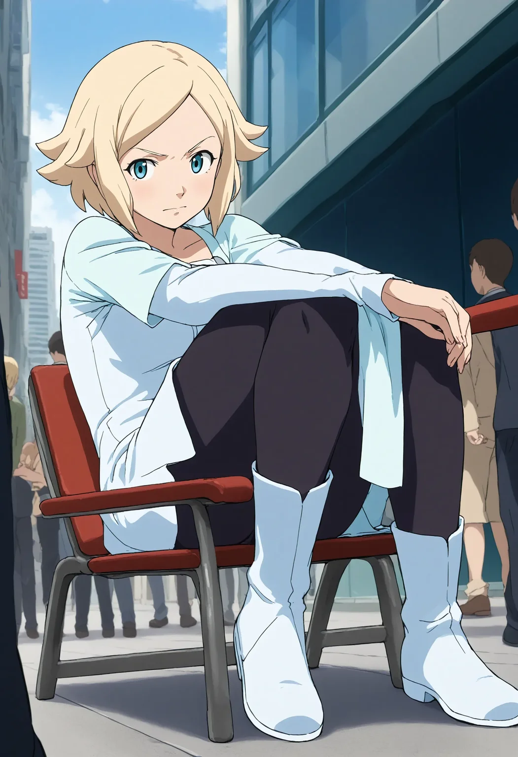 <lora:Hyper-SDXL-8steps-lora:1> <lora:Fixhands_anime_bdsqlsz_V1:1> zPDXL2, score_9, score_8_up, score_7_up, source_anime, intricate details, perfect anatomy BREAK
outdoors, city, tokyo, japan, audience, crowd, looking at viewer, lounging, leaning back, elbow rest,  lounge chair, Angry, tightened jaw, squinted eyes, and raised eyebrows., 1girl, solo, solo focus, 
<lora:GAGE-unoa_asuno_XL(pony)v10:1> GAGE-AG164unoa, milf, blonde hair, short hair, blue eyes, GAGE-AG164unoa outfit, white dress, white skirt, black pantyhose, white boots,