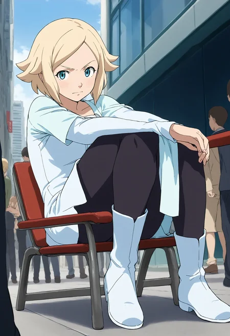 <lora:Hyper-SDXL-8steps-lora:1> <lora:Fixhands_anime_bdsqlsz_V1:1> zPDXL2, score_9, score_8_up, score_7_up, source_anime, intricate details, perfect anatomy BREAK
outdoors, city, tokyo, japan, audience, crowd, looking at viewer, lounging, leaning back, elbow rest,  lounge chair, Angry, tightened jaw, squinted eyes, and raised eyebrows., 1girl, solo, solo focus, 
<lora:GAGE-unoa_asuno_XL(pony)v10:1> GAGE-AG164unoa, milf, blonde hair, short hair, blue eyes, GAGE-AG164unoa outfit, white dress, white skirt, black pantyhose, white boots,