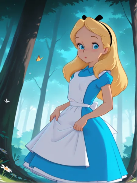 masterpiece, best quality, amazing quality, very aesthetic, absurdres, newest, detailed background, outdoors, dynamic angle, forest, butterflies, 4k, 8k,
alicexd, 1girl, solo, blonde hair, long hair, hairbow, blue dress, apron, bow, cowboy shot, white tights, small breasts, looking at viewer, blue eyes, smilke
<lora:Alice_-_Disney_Illustrious:1>
