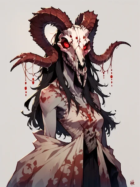 score_9, score_8_up, score_7_up, score_6_up, score_5_up, <lora:wendigoXLP:1> wendigo, horns, 1girl, animal skull, monster, no humans, solo, red eyes