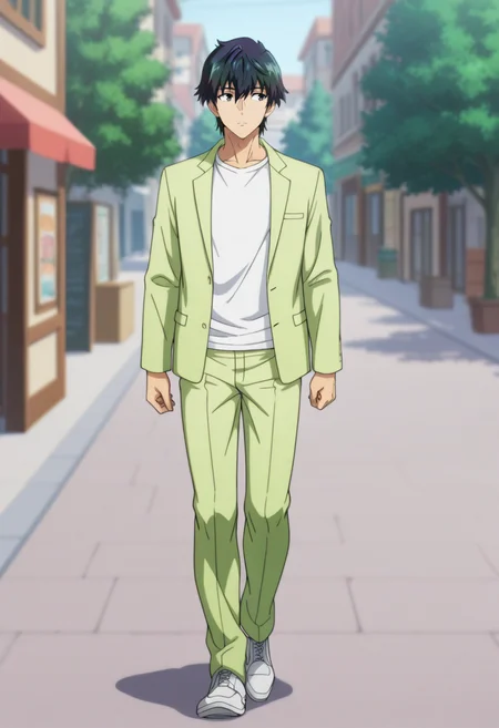 masterpiece, best quality, amazing quality,high resolution,intricate details,official style,depth of field,anime screencap,anime coloring , , , 1boy, solo, male focus,  <lora:Desir_Herrman:0.77>,desir herrman,black hair,black eyes,short hair,shirt,jacket, white shirt, pants, formal, suit,green jacket,t-shirt,green pants,full body,walking,street,tree,outdoors,town,facing viewer