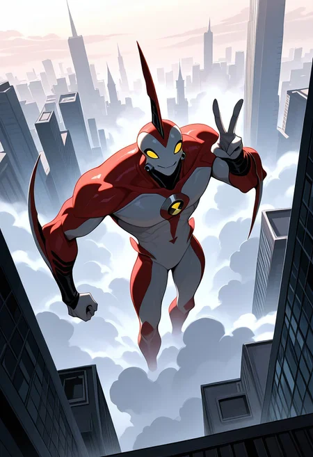 masterpiece, best quality, amazing quality, very aesthetic, absurdres, newest,
,waybig, no humans, solo, alien, horn, single horn, yellow eyes, arm blade,
giant character,, peace sign, clouds, clowing smoke, thick fog, smile, small city from above,