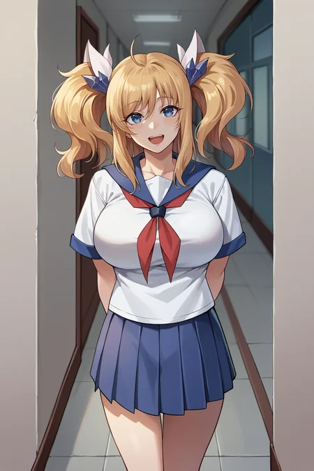 score_9, score_8_up, score_7_up, score_6_up, source_anime, BREAK 1girl, <lora:onizakikirara-pdxl-nvwls-v1-000006:1> onizaki kirara, blonde hair, twintails, hair ornament, white shirt, serafuku, pleated skirt, large breasts, arms behind back, happy, hallway, looking at viewer, short sleeves