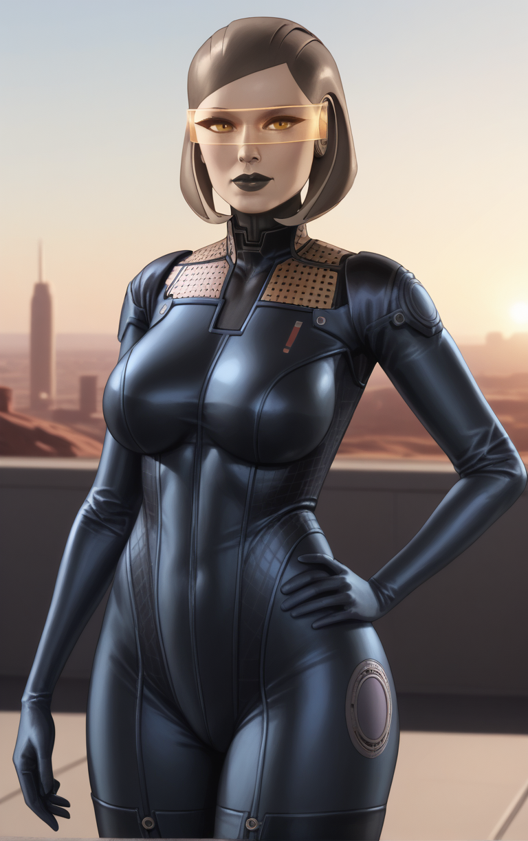 score_9, score_8_up, score_7_up, looking at viewer,  BREAK
BlackBodySuit_Edi_ownwaifu, 
1girl, brown eyes, glasses, tinted eyewear, black lips, lipstick, makeup, short hair, colored skin, large breasts,
black bodysuit, humanoid robot, science fiction, helmet, bodysuit, cyborg, leather, cyberpunk, mecha, android,  spacesuit,
(contrapposto, hand on hip), sunset, sidelighting, cityscape, outdoors, <lora:PONYXL_MassEffect_EDI_ownwaifu:1> , depth of field, solo,