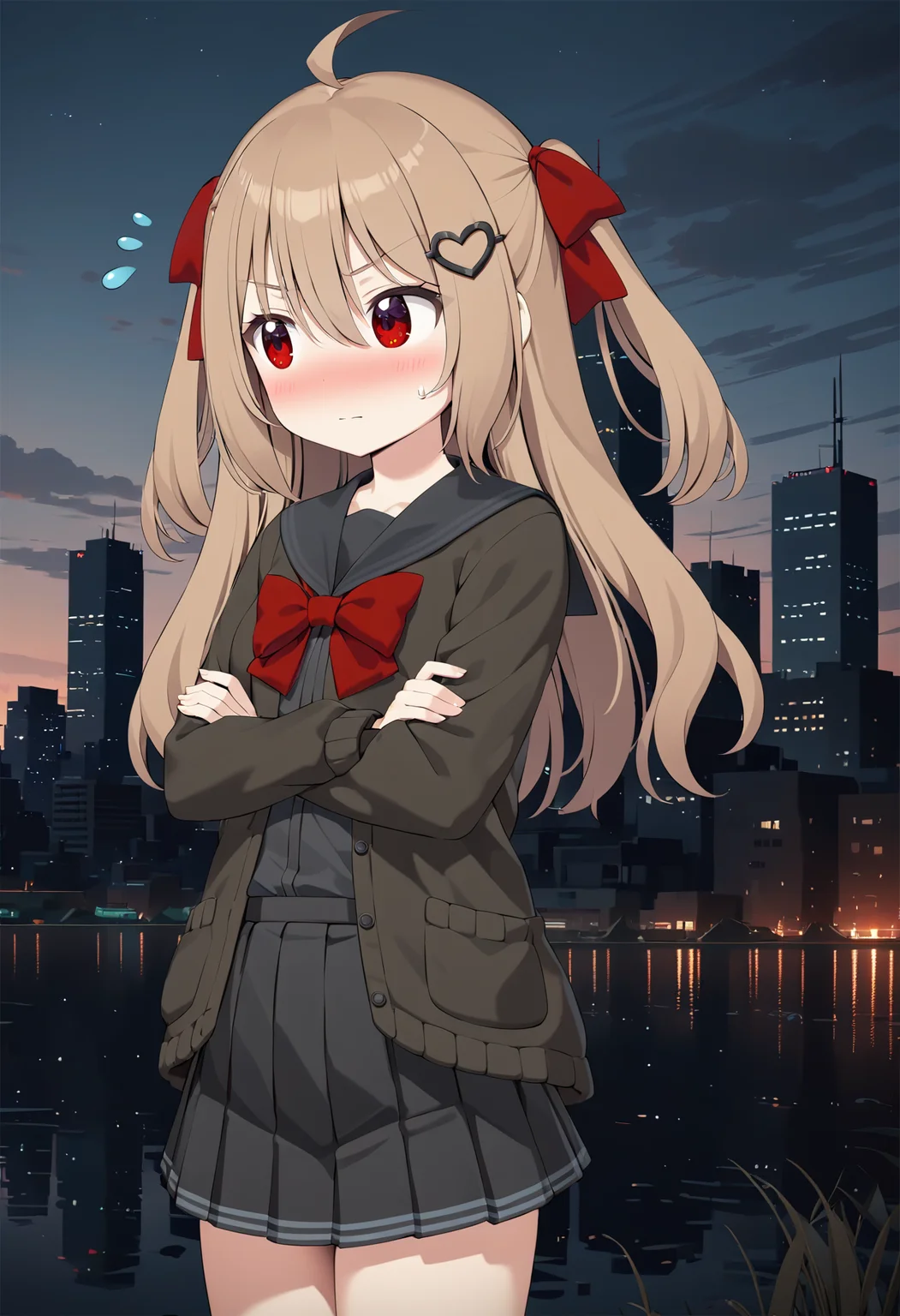 1girl, evil neuro-sama, (yuzu modoki), flying sweatdrops, nose blush, looking to the side, embarassed, cowboy shot, turtle, star \(symbol\), black skirt, pleated skirt, red eyes, red bow, black sailor collar, black cardigan, open cardigan, dark red ribbon, hair ribbon, two side up, ahoge, heart hair ornament, long sleeves, crossed arms, light brown hair, natural lighting, (masterpiece, best quality), cityscape, skyline, detailed scenery, (3d render:0.7), highly detailed, finely detailed <lora:neurosama_animaginexl_3-15:0.7>