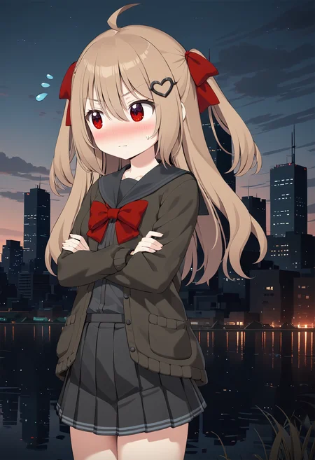 1girl, evil neuro-sama, (yuzu modoki), flying sweatdrops, nose blush, looking to the side, embarassed, cowboy shot, turtle, star \(symbol\), black skirt, pleated skirt, red eyes, red bow, black sailor collar, black cardigan, open cardigan, dark red ribbon, hair ribbon, two side up, ahoge, heart hair ornament, long sleeves, crossed arms, light brown hair, natural lighting, (masterpiece, best quality), cityscape, skyline, detailed scenery, (3d render:0.7), highly detailed, finely detailed <lora:neurosama_animaginexl_3-15:0.7>