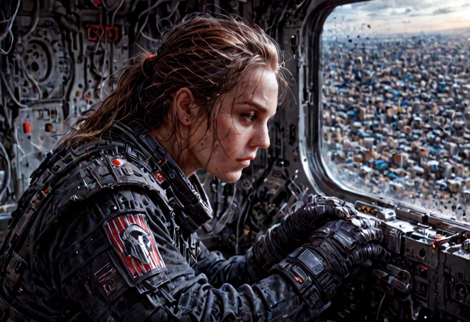 morning high quality realistic image on the subject of the world ruled by artificial intelligence engaged in war in the future, visualization of the life of people ruled by AI