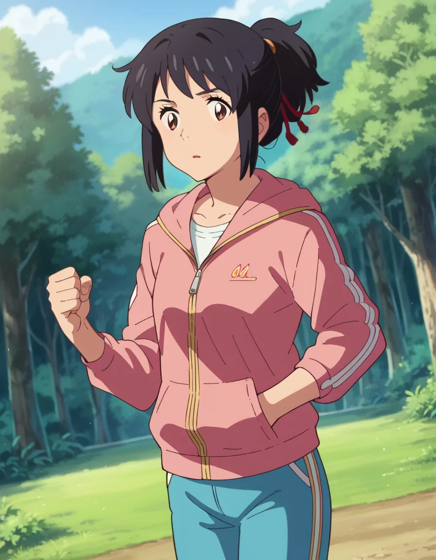 score_9, score_8_up, score_7_up, source_anime,
mitsuhamiyamizu, <lora:mitsuha-miyamizu-ponyxl-lora-nochekaiser:1>,
mitsuha miyamizu, black hair, brown eyes,
medium hair, ponytail, sidelocks, jacket, pink jacket, hoodie, zipper, track pants, blue pants, closed jacket,
outdoors, forest, nature,
looking at viewer, dutch angle, cowboy shot, dynamic pose,