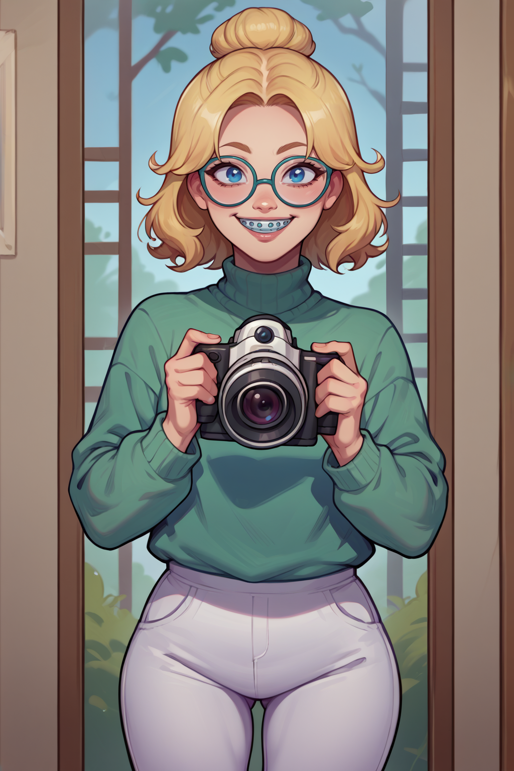 source_cartoon, score_9, score_8_up, score_9, 1girl, solo, <lora:NSHaleyStardew:1> NSHaleyStardew, medium hair, blonde hair, blue eyes, holding camera, white pants, green sweater, hairbun, smile, glasses, braces