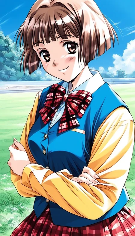 score_9, score_8_up, score_7_up, source_anime, rating_explicit, BREAK <lora:Tsuzuki_Kozue_XL:1>Tsuzuki_Kozue, brown hair, short hair, brown eyes, blunt bangs, medium breasts,
1girl, solo, skirt, plaid, long sleeves, 1990s (style), smile, plaid skirt, bow, 
school uniform, blue vest, looking at viewer, long sleeve, Yellow sleeve,
pleated skirt,  bowtie, shirt, red skirt, v arms,
 plaid bow, bob cut, plaid bowtie, cowboy shot,
grass, sky,