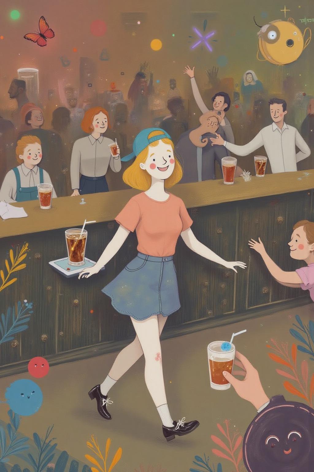 al1ca Illustration. 
The air buzzes with the energy of a busy bar, a mix of music, conversation, and the clinking of glasses. A barmaid, the embodiment of youthful vibrancy, navigates the lively scene. She wears a peach-coloured T-shirt, the soft fabric contrasting with the smooth, cold glass of coke she carries on a small tablet. Her short skirt adds a playful touch, and a backwards baseball cap hints at a carefree attitude. The setting and atmosphere are palpable: the warm, slightly sticky surface of the bar counter under her fingertips, the dim, colourful lighting that casts playful shadows. Sensory details are abundant: the condensation forming on the glass of coke, the texture of her denim skirt, and the way the bar lights catch the highlights in her hair. Her confident stride, her quick smile, and her efficient movements. Stylistically, the image draws inspiration from the vibrant, candid shots of nightlife photographers, with a touch of the stylized realism found in contemporary illustration. There's a deliberate contrast between the barmaid's youthful energy and the slightly worn, lived-in atmosphere of the bar, creating a dynamic and engaging image. <lora:al1ca1_cap_d6a3e11:1.0><lora:828094867755293472:0>