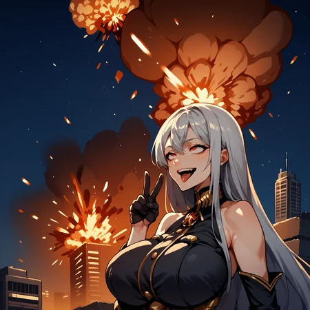 score_9, score_8_up, score_7_up, score_6_up, score_5_up, score_4_up, source_anime, selvaria, very long hair ,black shirt, bare shoulders, belt, black leggings, detached sleeves, black gloves , <lora:selvaria-pdxl-nvwls-v1:1>, ,solo , huge breasts , ahebomb,night,explosion, ,warzone <lora:ahebomb_pony:1.2> ,night,upper body , building , smiling , open mouth