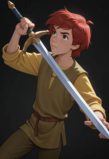 masterpiece, absurdres, high quality, perfect anatomy, 1boy, solo, cute boy, male focus, Taran, Red Hair, Brown Eyes, Green Vest, Long Sleeve Yellow Shirt, Green Pants, holding weapon, holding sword, portrait, cinematic, intricately detailed illustration, depth of field, masterpiece, best quality, amazing quality, very aesthetic, absurdres, newest, very awa,  shadow, dynamic angle, casual cosplay, dynamic pose, simple background,
