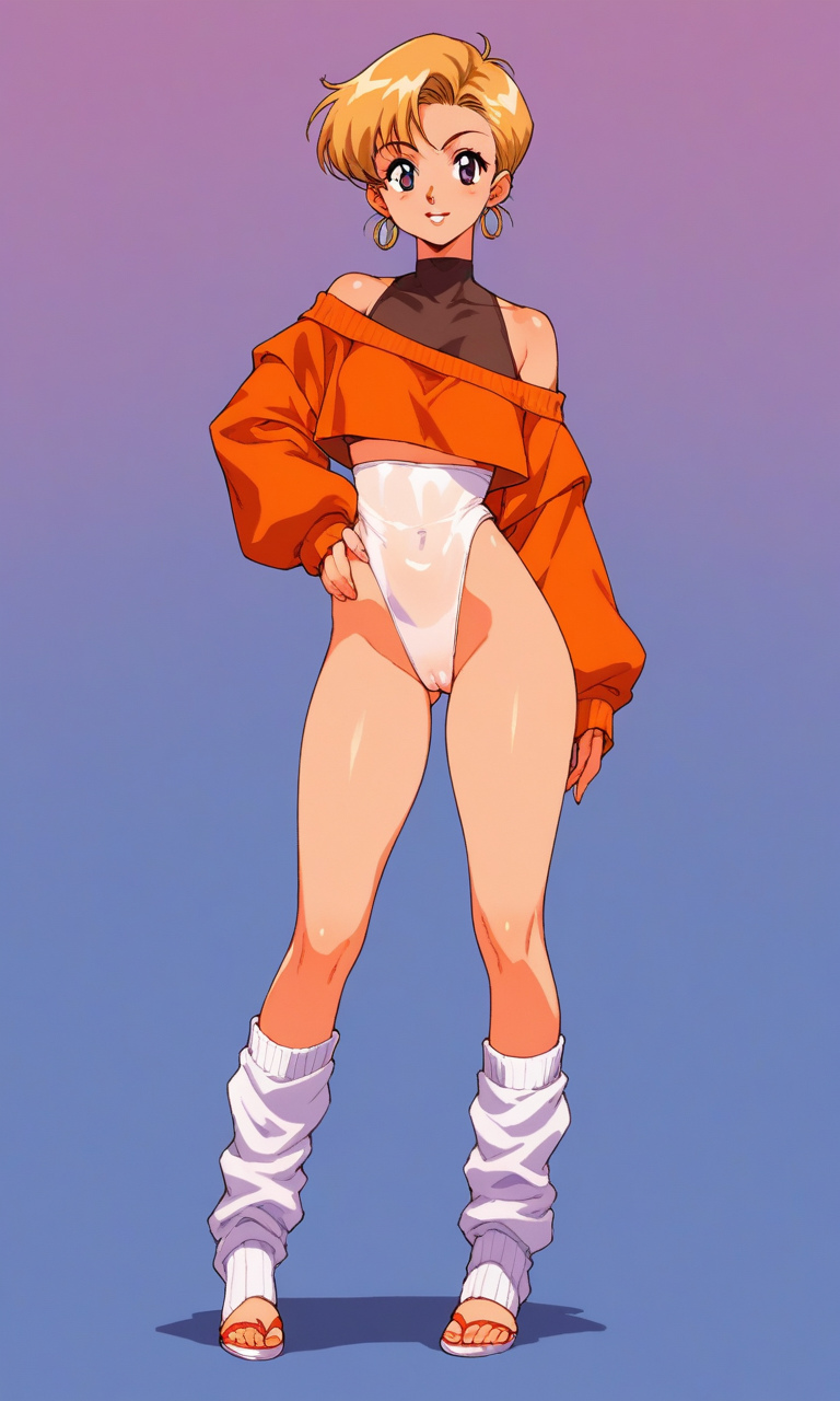 source_anime, ((score_9)),score_8_up,score_7_up,score_6_up,score_5_up,score_4_up,, retro_workoutwear, 1woman, 1980s_(style), aerobics, stirrup_legwear, open-bust_leotard, off_shoulder, highleg_leotard, leg_warmers, thong_leotard, aerobics, cropped_sweater, neon, leggings, tented_shirt, cameltoe, skintight, see-through