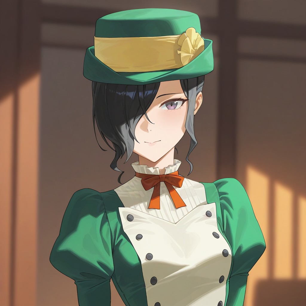 (best_quality, detailed, masterpiece, very_aesthetic, absurdres), general, m.q \(mqkyrie\), (zuharu:0.5)
BREAK
1girl, small breasts, upper_body, adult, ambient occlusion, ray tracing, shiny skin, blurry background, drop shadow
BREAK
mayonesh, hat, black hair, medium hair, hair over one eye, grey eyes, green dress, puffy sleeves, black gloves